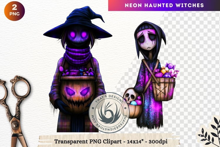 Neon Haunted Witches Clipart, Spooky Kawaii Halloween PNG