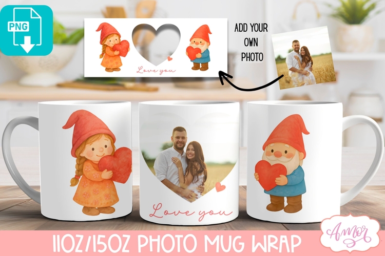 Valentines Photo Mug Wrap template, Cute gnomes PNG