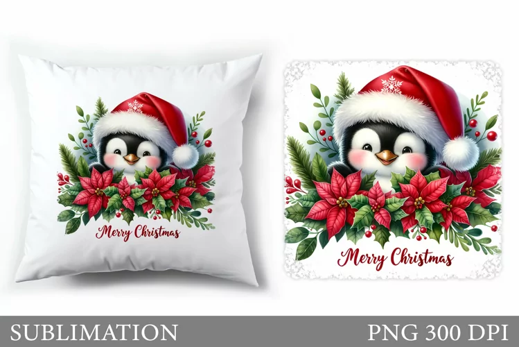 Cute Penguin Pillow Design. Christmas Pillow Sublimation