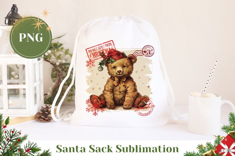 Santa Sack Sublimation, Vintage Christmas Bear Santa Sack
