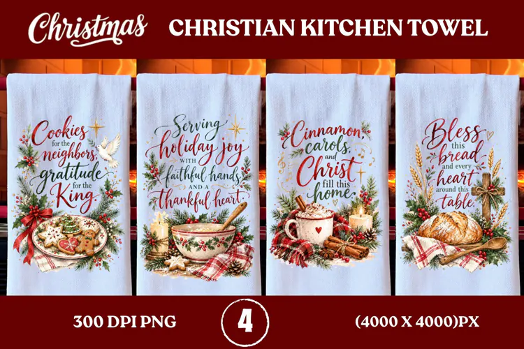 4 Christian Christmas Kitchen Towel PNGs, 4 Jesus Christmas