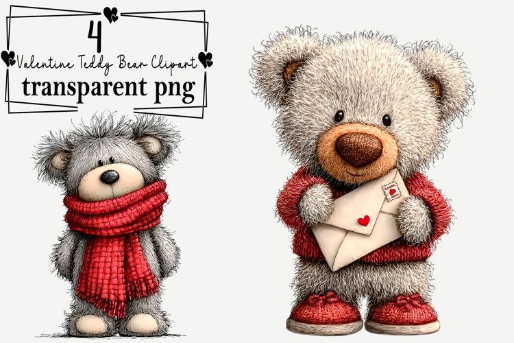 Whimsical Valentine Teddy Bear Clipart Watercolor PNG example image 1