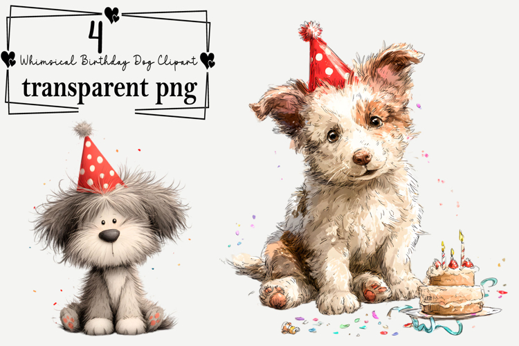 Whimsical Birthday Dog Clipart Watercolor PNG example image 1