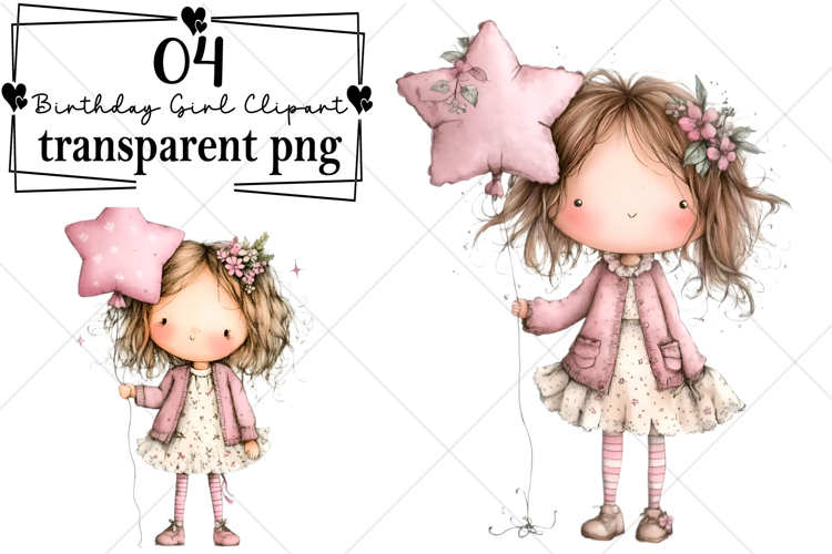 Whimsical Birthday Girl Clipart Watercolor PNG