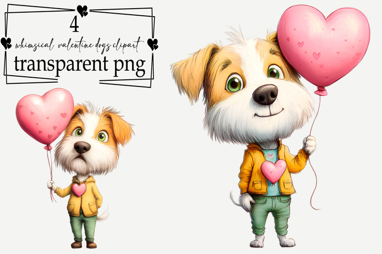Whimsical Valentine Funny Dogs Clipart Watercolor PNG
