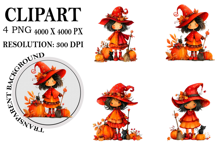 Whimsical Halloween Girl Clipart Watercolor PNG example image 1