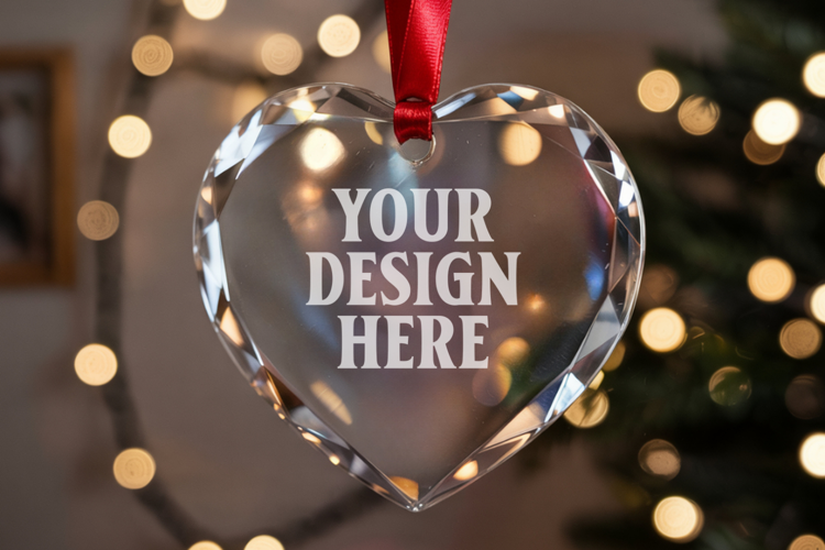 Christmas Heart Crystal Glass Ornament Mockup | Clear Heart