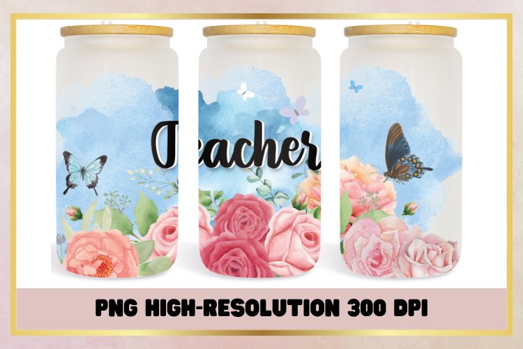 16 oz Libbey Glass Wrap flowers watercolor teacher