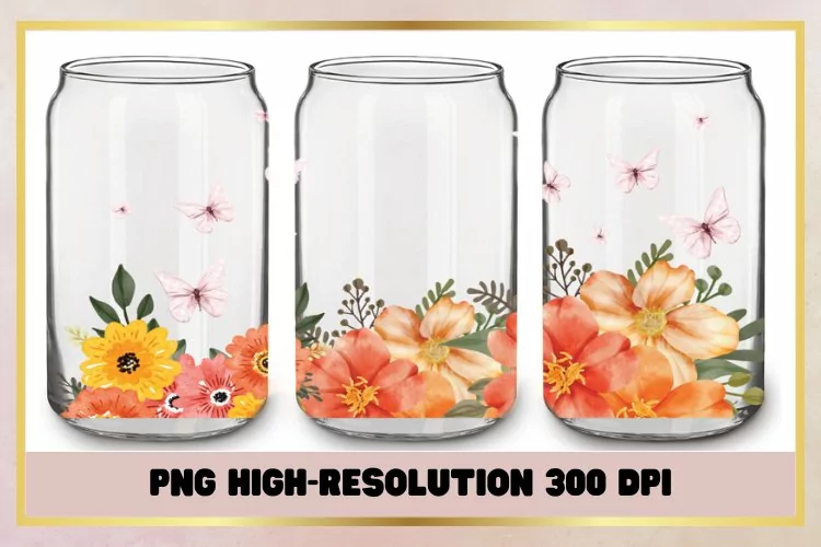 16 oz Libbey Glass Wrap Watercolor Flowers Butterfly