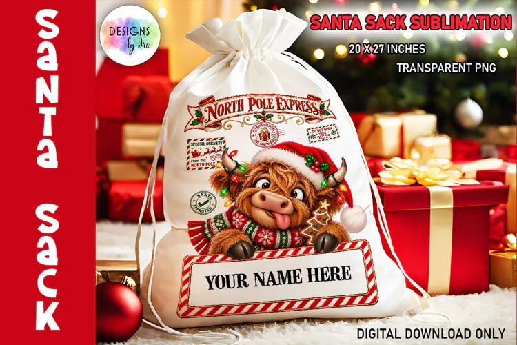 Christmas Highland Cow Santa Sack Sublimation PNG