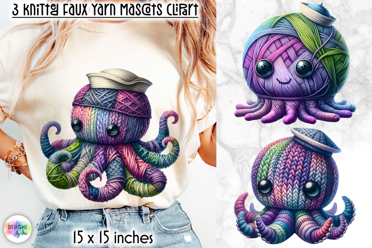 Knitted Octopus Clipart, Faux Yarn Plush Baby Octopus Mascot