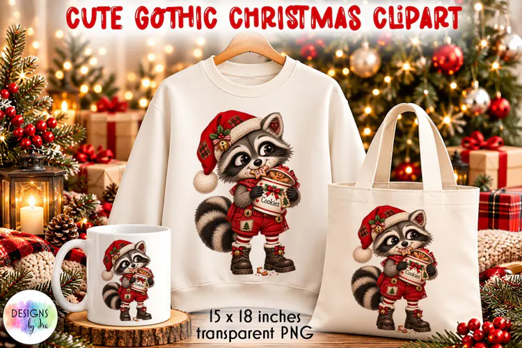 Cute Gothic Christmas Raccoon PNG Clipart