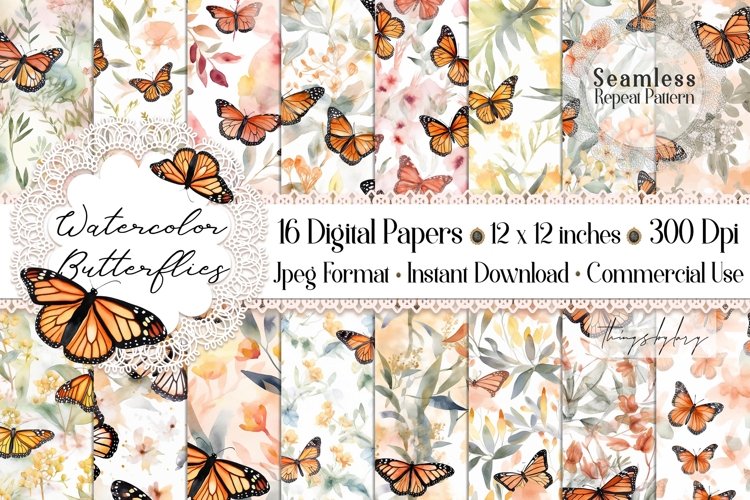 16 Seamless Watercolor Monarch Butterfly Digital Papers