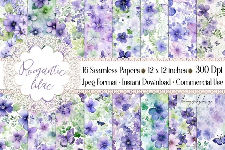 16 Seamless Watercolor Romantic Lilac Flowers Digital Papers