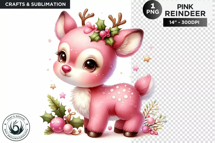 Christmas Cute Pink Reindeer PNG Clipart sublimation design