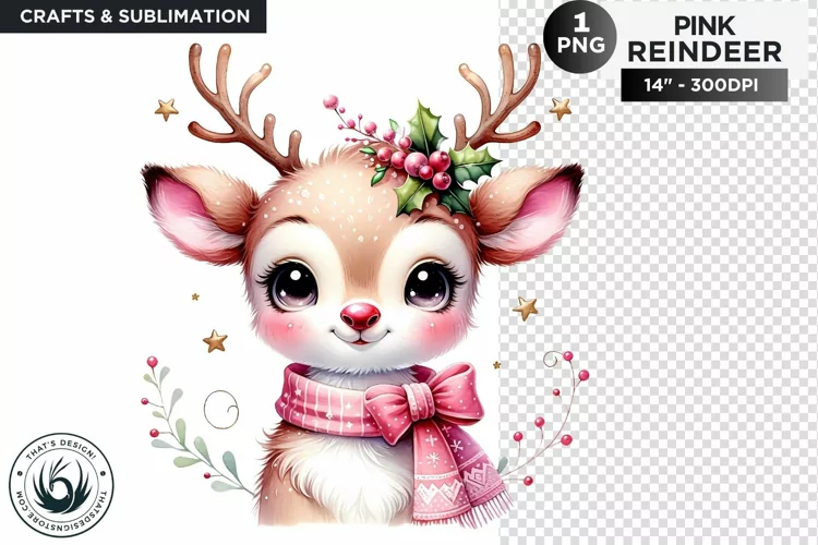 Christmas Cute Pink Reindeer PNG Clipart sublimation design