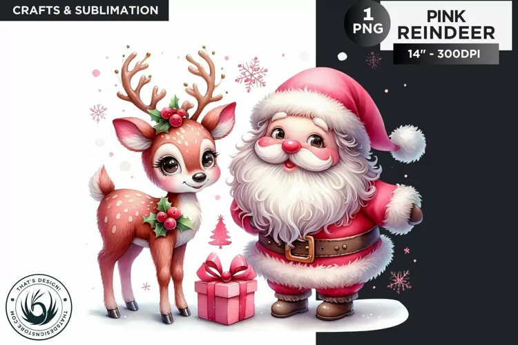 Cute Pink Reindeer with Santa PNG Clipart sublimation