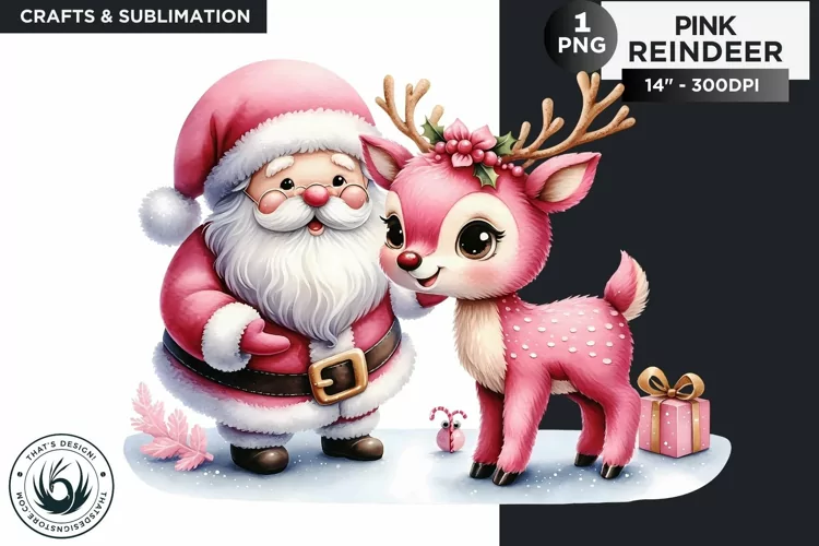 Cute Pink Reindeer with Santa PNG Clipart sublimation