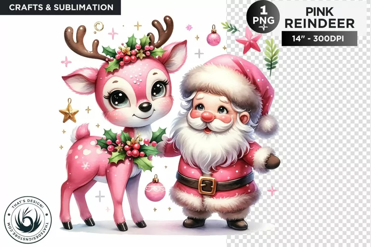 Cute Pink Reindeer with Santa PNG Clipart sublimation