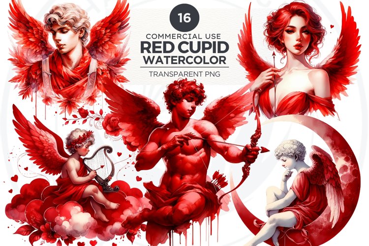 Watercolor Red Cupid clipart bundle V1 Valentine Sublimation example image 1