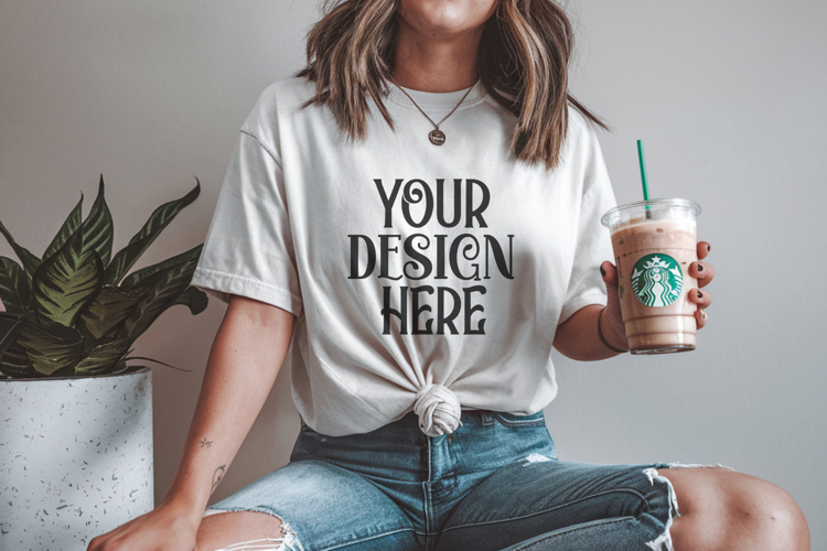 Ivory Comfort Colors 1717 T-shirt Mockups, Real Model