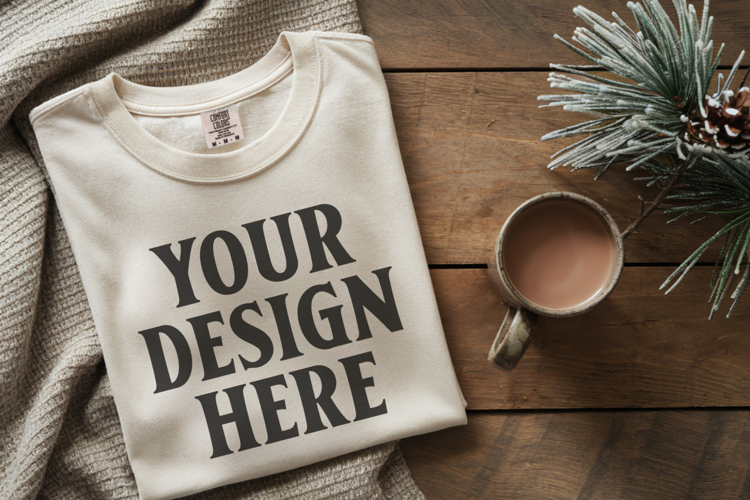 Ivory Comfort Colors 1717 Christmas Folded T-Shirt Mockup