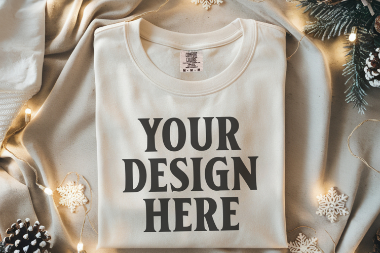 Ivory Comfort Colors 1717 Christmas Folded T-Shirt Mockup
