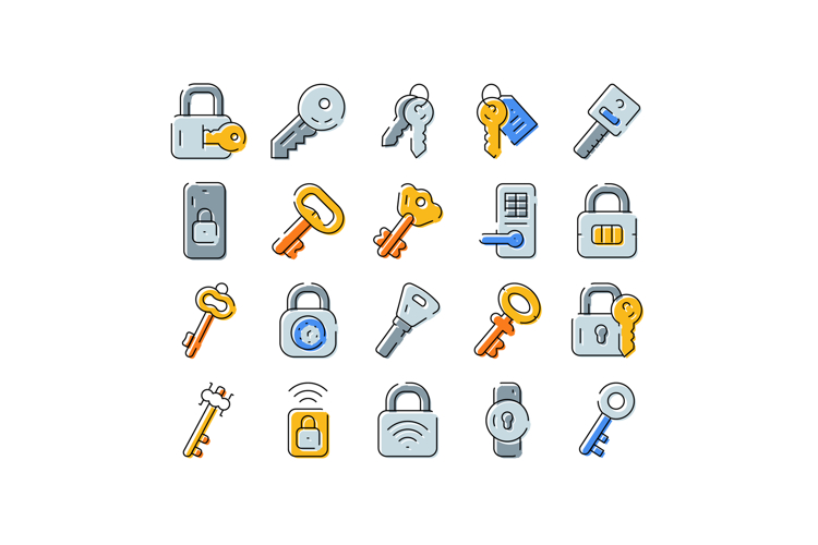 Digital and traditional security keys and locks icons