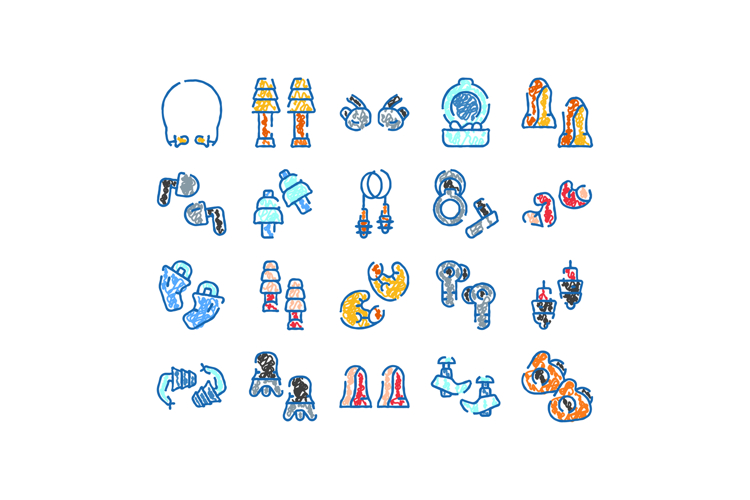 Earplugs various types collection color sketch doodle