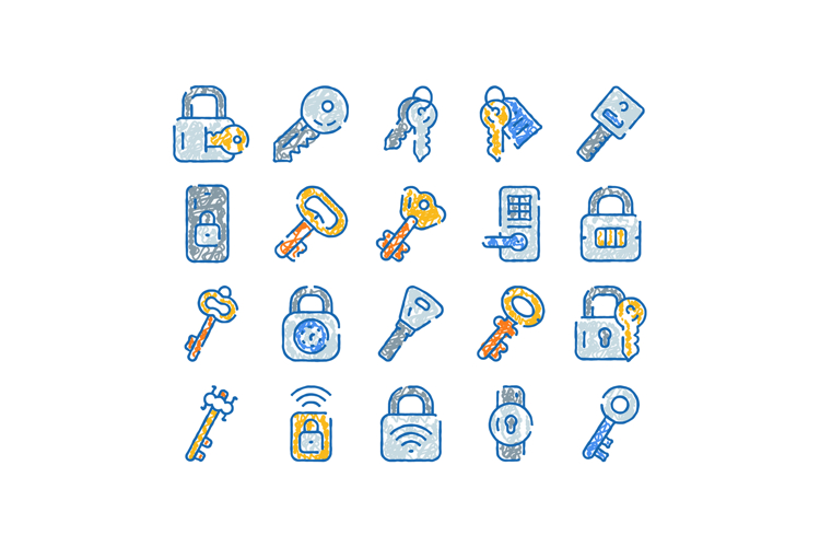 Key and lock doodle concept icon set