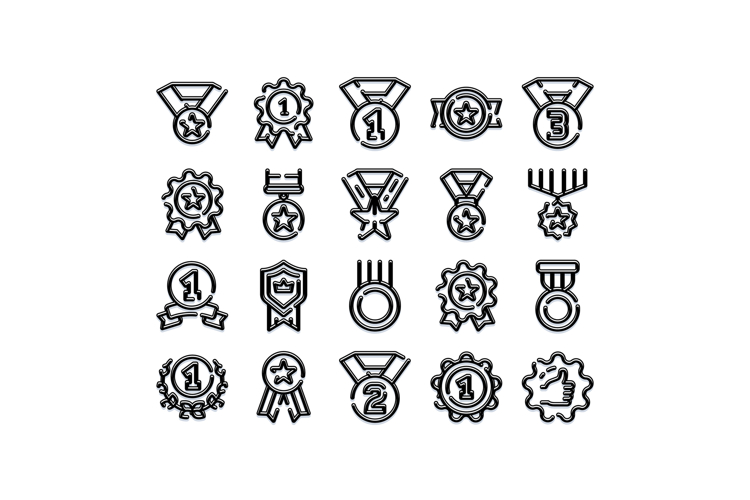 Achievement award medal victory line icon set