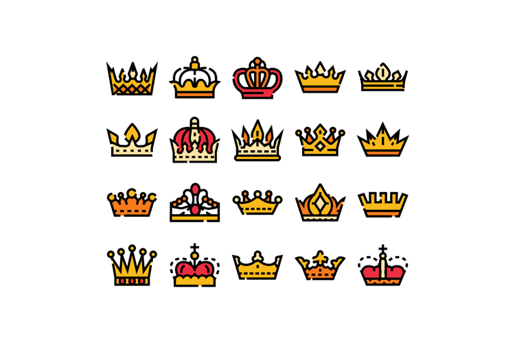 Set of gold and red crown icons representing monarchy