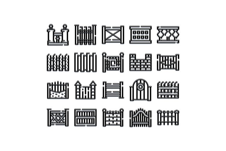 Fence and gate barriers line icons collection