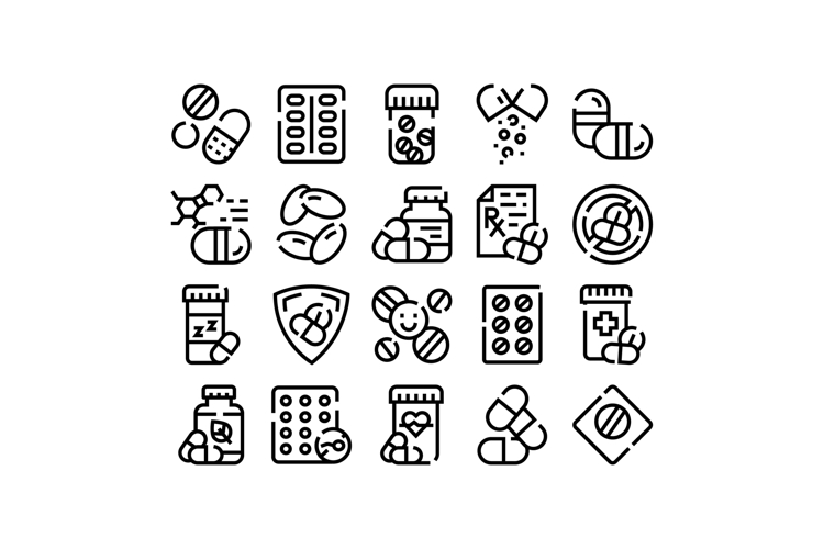 Medicine pills and drugs line icons collection