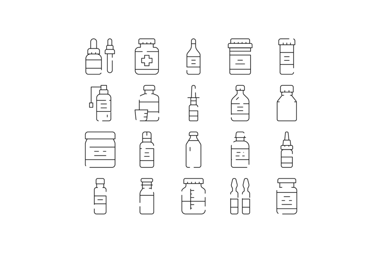 Medicine bottles and pharmacy containers line art icons