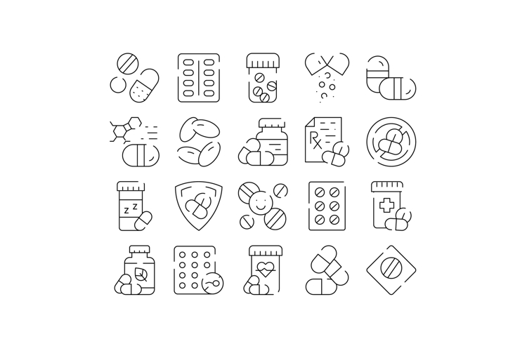 Medicine pills treatment health pharmacy icons set