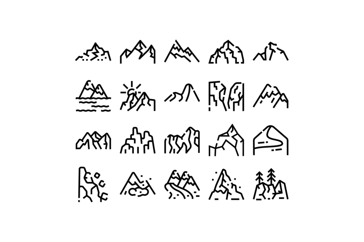 Mountain peaks line icons set presenting nature landscapes