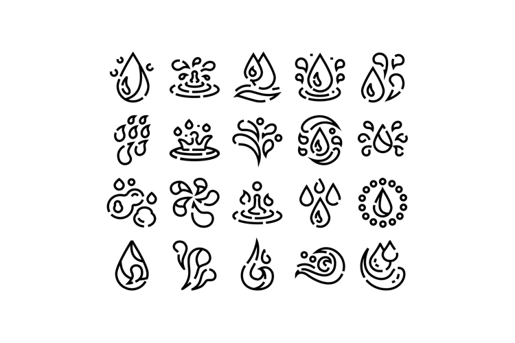 Water drops splash liquid falling line icons set