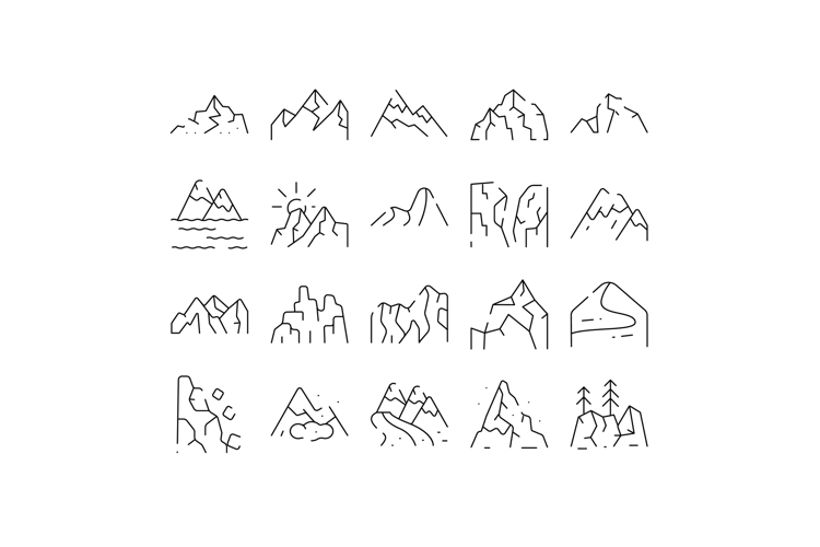 Mountain range and peak line icons set