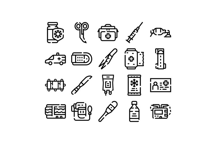 Medical emergency and first aid line icons collection