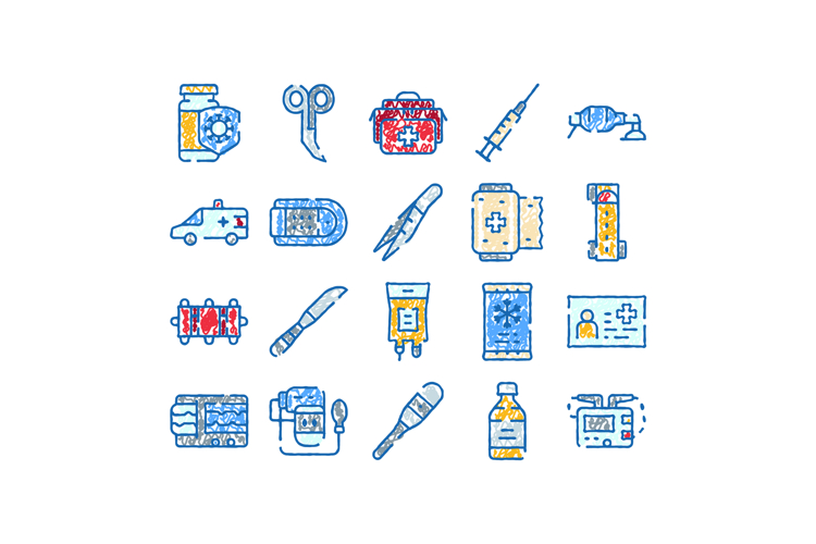 Medical equipment and first aid supply icons collection