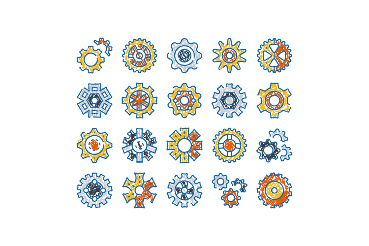 Collection of hand drawn gears illustrating mechanics system