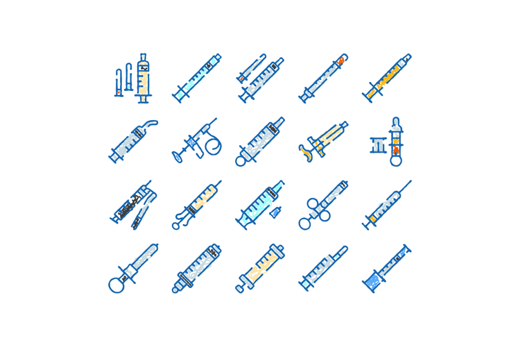 Medical syringe injection tools doodle icon set