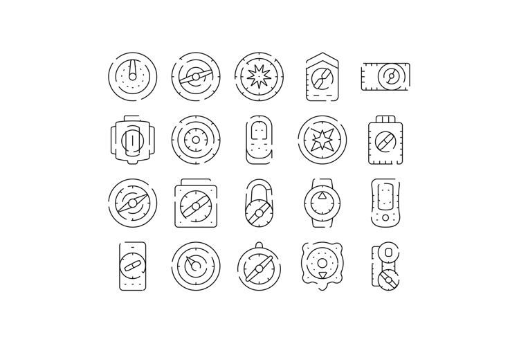 Compasses and navigation tools line icons collection