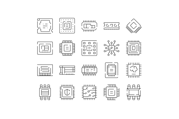 Computer chip technology components icons set