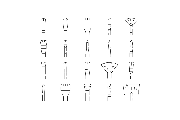 Artist paint brush drawing line icons set