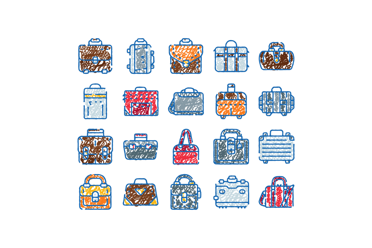 Variety of travel luggage bags doodle icons set