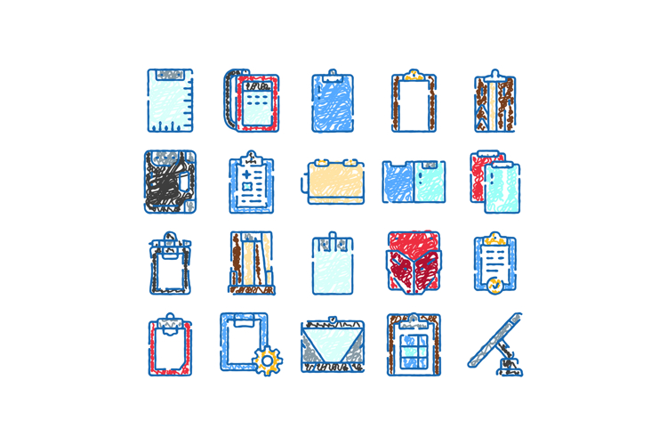 Clipboard and folder hand drawn icon set