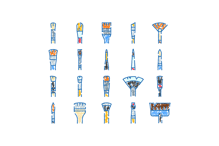 Art brushes set in sketch style depicting tools for painting