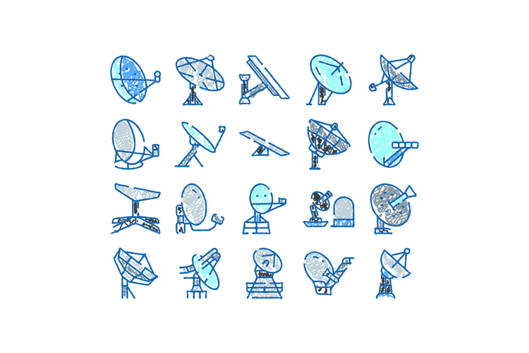 Satellite dish antenna communication icons set doodle drawin